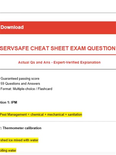 SERVSAFE CHEAT SHEET EXAM QUESTIONS Actual Qs and Ans - Expert-Verified Explanation -Guaranteed passing score -59 Questions and Answers -Format: Multiple-choice / Flashcard Question 1: IPM Answer: Integrative Pest Management = chemical mechanical sanitation Question 2: Thermometer calibration Answer: 32F - crushed ice mixed with water 212F - boiling water Question 3: Solid cuts of meat Answer: 145F Question 4: Vegetables Answer: 135F Question 5: Cooling food - 3S's and 3I's Answer: Smaller, Shal