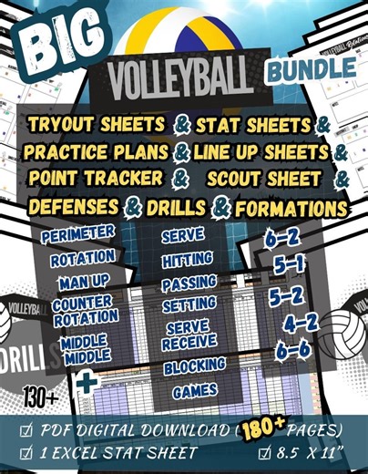 BIG Volleyball Bundle | Formations, Defenses, DRILLS, Tryout, Stats, Line Up, Scout, Point Tracker, & Practice Plan Sheets | 180  PDF Sheets - Etsy