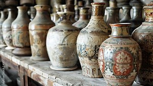 Vintage pottery collection in a rustic setting