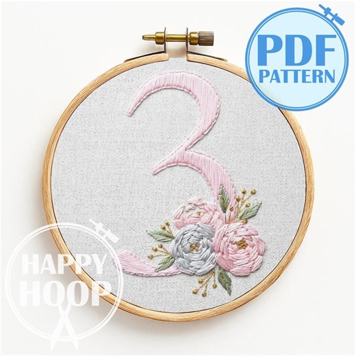 Floral Numbers, 3 Number. 4 Hoop Sizes. Hand Embroidery Pattern PDF - Etsy