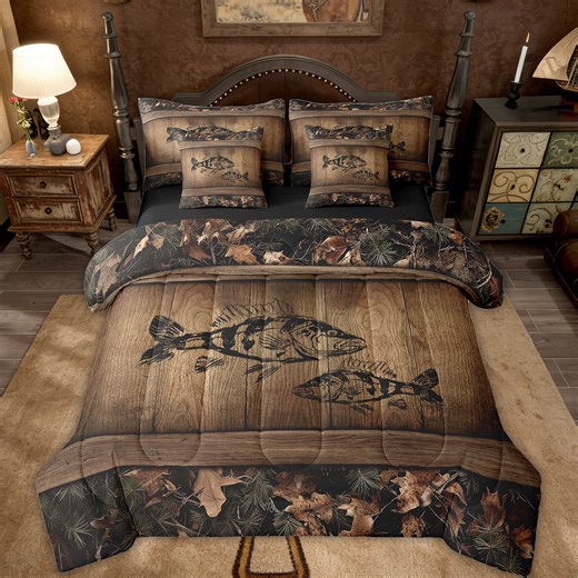 Erosebridal Camo Bass Fish 7 Piece Bed In A Bag Fishing Bass Big Fish Bedding Set Queen Rustic Farmhouse Lake House Comforter Set Men,Retro Tree Camouflage Cabin Sheet Set With Comforter