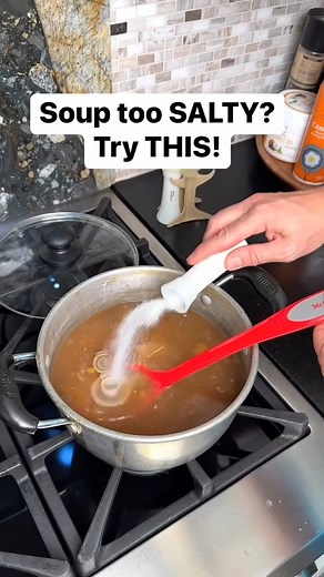 Easy trick to remove salt from homemade soup using a potato. This helpful kitchen tip is created by Network Media, Hackity Hack Club and The Gooch. | Hackity Hack Club
