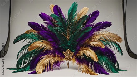 Mardi Gras feather carnival headdress spinning to showcase colorful accessory. Party costume decoration with gold sparkle for holiday celebration.
