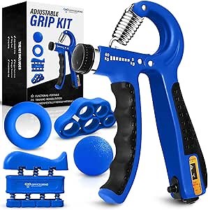 Grip Strength Trainer Kit with Finger Exerciser, Finger Stretcher, Forearm Grip Adjustable Hand Gripper, Exercise Grip Ring and Stress Relief Grip Ball for Athletes Muscle Trainer, Blue