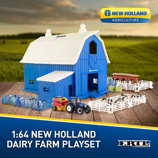 New Holland 1:64 Dairy Barn Part No. ERT13982 Age grade 5 With all you need to setup your own farm, the 1:64 ERTL Farm Country New Holland dairy barn lets youngsters experience the best of country living, whether they are in the heart of farm country or the middle of the city. The barn is New Holland blue and the New Holland logo is prominently featured on the roof as well as above the sliding doors. This set includes the 1:64 T6.165 Tractor and Roll-Belt 560 Round baler as well as the easy to a