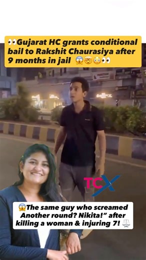 TCX.official on Instagram: "In a shocking turn of events, the Gujarat High Court has granted conditional bail to Rakshit Chaurasiya, the 23-year-old law student accused in the infamous Vadodara hit-and-run case that claimed the life of Hemali Patel and injured seven others in March 2025. Viral CCTV footage captured the horrifying moments post-crash, with Chaurasiya and his friends brazenly shouting “Another round?” and “Nikita!” amid the chaos, dragging victims under their speeding car in a nigh