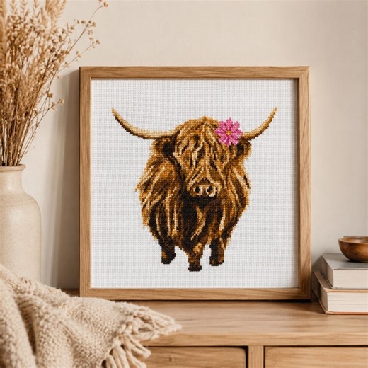 Highland Cow Cross Stitch Pattern PDF | Scottish Cow Pink Flower Embroidery | Farmhouse Animal Chart | Instant Download DMC - Etsy