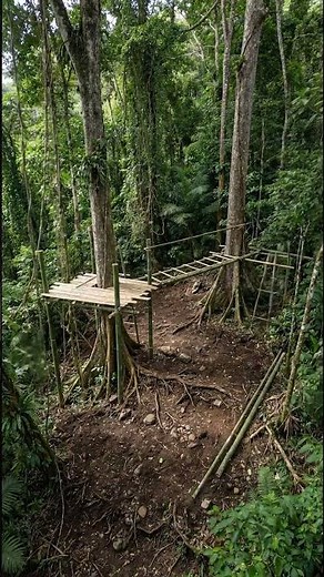 Two Trees Connected Bamboo Tree House Built by Hand | Real Construction Timelapse