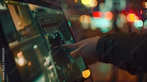 A hand gestures towards a computer screen in a dark setting illuminated by the computers glow, Develop a responsive touch screen interface that adapts to user preferences and habits