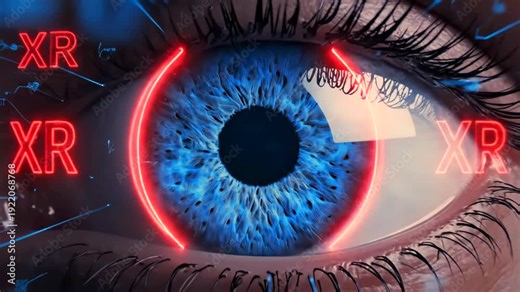 eye with augmented reality interface and globe elements, closeup blue iris with red targeting ring and circuit overlays engineer calibrates optics and tracking for xr display and biometric