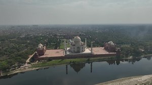 A Beautiful Aerial Shot of Taj Mahal beside Yamuna River at Agra in India
