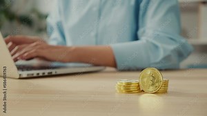 Close Up of Bitcoins , Woman Stock Trader Earning After Online Monitoring Trading Operations.Achievement Career Wealth, Cryptocurrency Investment, Mining, Future Technology.