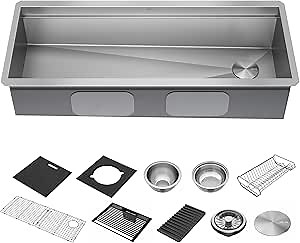 DELTA FAUCET Rivet 45-inch Workstation Kitchen Sink Undermount 16 Gauge Stainless Steel Single Bowl with 2-Tier WorkFlow Ledge and Chef’s Kit of 11 Accessories, 95BA131-45S-SS