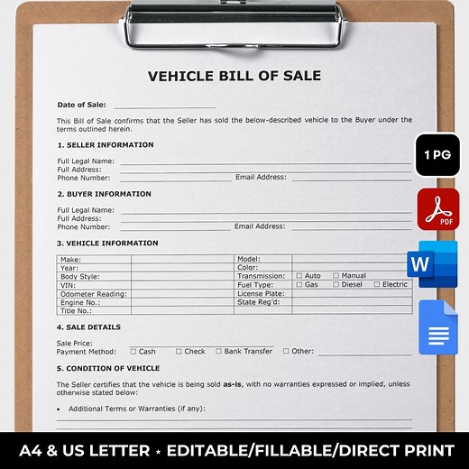 Simple Vehicle Bill of Sale Template, Editable Car Sale Agreement, Motor Vehicle Sale Contract, WORD, PDF Google Docs, Instant Download - Etsy