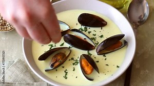Creamy mussels soup. Seafood. Chowder. Healthy eating.