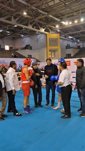 BFI President, Ajay Singh and Gautam Buddha University VC, Prof. Rana Pratap Singh kick-off Senior National Championships Final Bout between @lovlina_borgohain and Sanamacha Chanu in the (70-75KG) category. | Boxing Federation of India