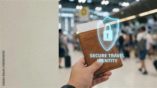 travel visa verification concept. Futuristic Travel Visa Verification Interface Secure Passport Identity with Conceptual VDO and Airport Setting