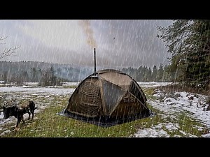 Rain Camping in Snowy Forest - Winter Camping with Warm Tent