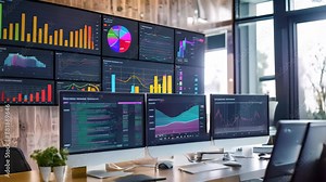 Office desk with three computer monitors displaying data and a plant for a productive workspace, Multiple screens in an office displaying different aspects of data analysis