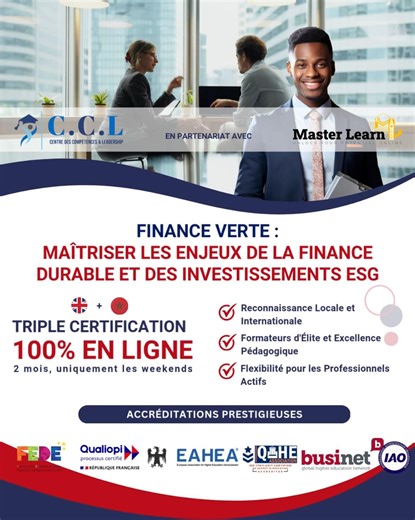 36 reactions | La finance du futur est verte, transparente et responsable. Découvrez comment intégrer les normes internationales, les outils de reporting ESG et les investissements à impact positif dans vos stratégies financières.  Formation 100 % en ligne |  3 certificats internationaux | ⏱️ Format flexible pour professionnels. | CCL - Centre des Compétences & Leadership | Facebook