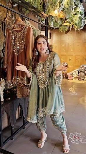 Aisha Creations on Instagram: "✨EXCLUSIVELY AT AISHA CREATIONS Shimmer stitched Anarkali set with heavy mirror work, perfect for weddings, festive evenings & special celebrations. • Intricate mirror (shisha) embroidery in geometric & floral patterns • Highlighted with golden zari + gota patti • Decorative zig-zag gota lace on the borders • Flairy Anarkali silhouette with bead latkans • Paired with shimmer tissue dhoti salwar with elegant gota & mirror detailing ⸻ STITCHED SET — MEASUREMENTS: • A