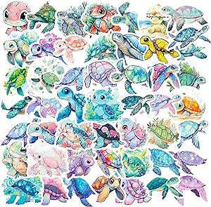 Sea Turtle Stickers 50 Pcs, Colorful Cute Ocean Animals Turtles Summer Sticker, Waterproof Vinyl Decal Pack Gift for Laptop, Water Bottle, Cooler