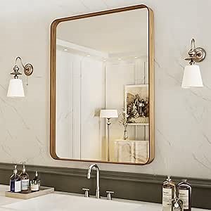 LOAAO 20X30 Inch Bathroom Mirror with Wood Grain Colored Metal Frame, Rounded Rectangle Metal Framed Bathroom Mirror, Anti-Rust, Hangs Horizontally or Vertically