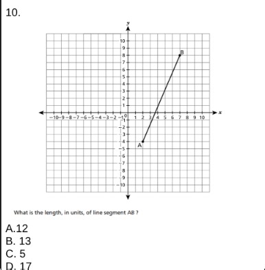 What is the length, in units, of line segment AB?  A. 12 B. 13 ... | Filo