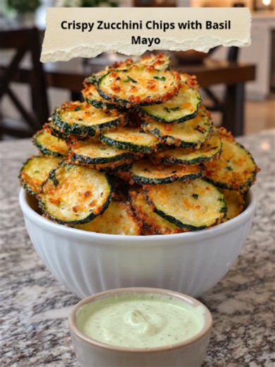 Crispy Zucchini Chips with Basil Mayo 🥒🌿 These crispy zucchini chips are golden and crunchy on the outside, tender inside, and even better dipped in fresh, creamy basil mayo. 😍 get the full instructions   ingredients on my page (under my profile picture ) ⬆️