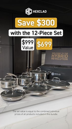 Save yourself HUNDREDS with HexClad's bestselling 12-Piece Set. There's a reason why HexClad hybrid cookware has over 50,000 5-star reviews. Its patented hybrid technology combines the ease of nonstick, the searing power of stainless steel, and the durability of cast iron into the most high-performing cookware on the planet. Plus it's FREE from forever chemicals! Here's everything you get: ✔️ 8" Pan Lid ✔️ 10" Pan Lid ✔️ 12" Pan Lid ✔️ 2QT Pot Lid ✔️ 3QT Pot Lid ✔️ 8QT Pot Lid Trusted by over 90