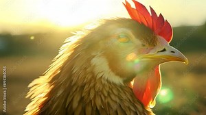 Golden Rooster Chicken in Sunlit Field at Sunrise - animal, farm, rural