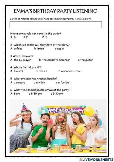 Emma's Birthday Party Listening worksheet