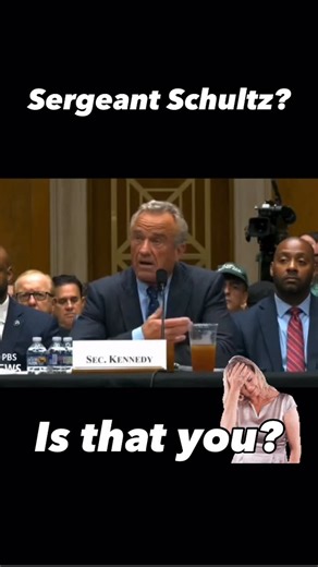 The Orange Crumble on Instagram: "Live from Capitol Hill: The Sergeant Schultz Reboot Nobody Asked For Today’s episode stars RFK Jr. as the Health Secretary who knows absolutely nothing. Not about vaccines, not about CDC firings, not even how many Americans died from COVID. Every question? Dodged like a dodgeball champ at recess. Senator: “Did you authorize the $500M vaccine cut?” RFK Jr.: “I know nuh-thing!” Senator: “Why did you fire the CDC director?” RFK Jr.: “I see nuh-thing!” Senator: “Do