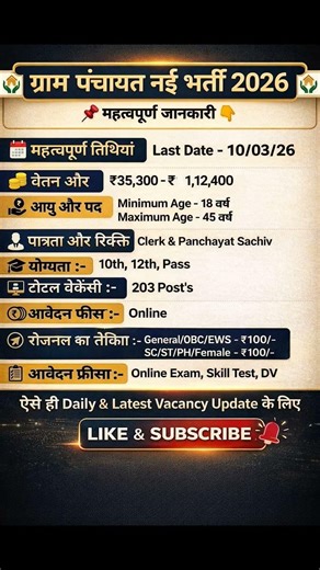ग्राम पंचायत भर्ती 2026 Notification Out | 203 Posts, 10th 12th Pass Apply Online Before 10 March