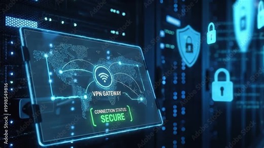 Secure Connection: VPN gateway interface in remote network with floating shield and lock icons