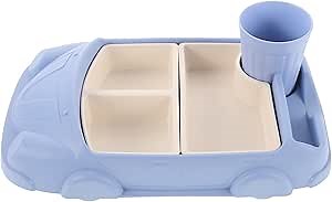 Toyvian Toddler Plate Divided Meal Tray, Car Shaped Plate Sections Dinner Dish with Cup Holder for Babies Kids Eating Food Grade Bamboo Fiber Platter for Child Blue