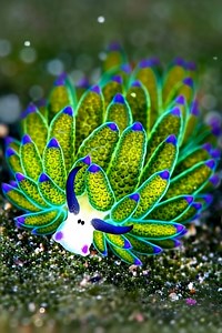 The leaf sheep slug (Costasiella kuroshimae), often nicknamed the “sheep of the sea,” is a remarkably tiny sea slug found in the Indo Pacific region, particularly around Japan, the Philippines, and Indonesia. Despite its name, it is not related to sheep or plants. It gets its nickname from its adorable appearance. Its face features two black, beady eyes and a pair of rhinophores, sensory organs that look like sheep ears or antennae, while its green, leaf like body is decorated with dozens of cer