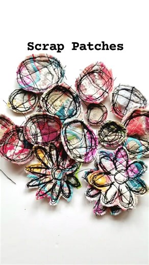 Prompt - Embrace #stitchandgather hosted by @michellecoxcreative . Scrap patches are a joyful way to embrace creativity and make beauty from leftovers. Starting with a fabric base, I layer scraps of fabric, threads, and yarn, then cover everything with a piece of net and stitch it in place. Using free motion stitching, I draw circles and flowers across the surface, creating texture and movement. Each patch can be used as it is, transformed into a journal cover, or cut into smaller pieces for emb