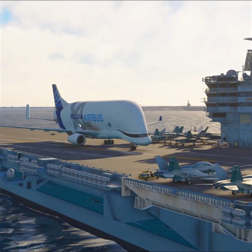 Experience the massive Airbus Beluga performing an impossible carrier takeoff in Microsoft Flight Simulator! Watch the giant cargo aircraft power up, roll down the short deck, and lift off just in time for a stunning climb over the ocean. A cinematic, non-commentary takeoff moment captured in MSFS 2020. | Golden Crow