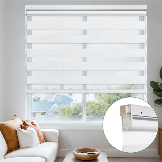 MiLin No Tools No Drill Cordless Zebra Blinds Blackout Zebra Windows Shades Dual Layer Roller Shades Thermal Insulated Reduce Noise Zebra Shades for Windows (Light Filtering White, 14 1/2"W X 72"H)