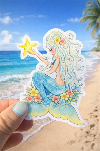 Coastal Mermaid Sticker – Original Ocean Art, Aqua Coral Beach Design