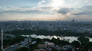 Aerial skyline view of Hoan Kiem lake ( Sword, Ho Guom lake), in center of Hanoi, Vietnam