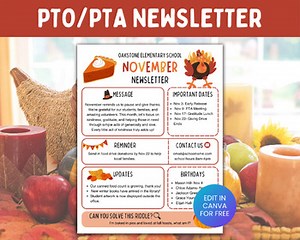 PTO PTA November Monthly Thanksgiving Newsletter Template Editable
