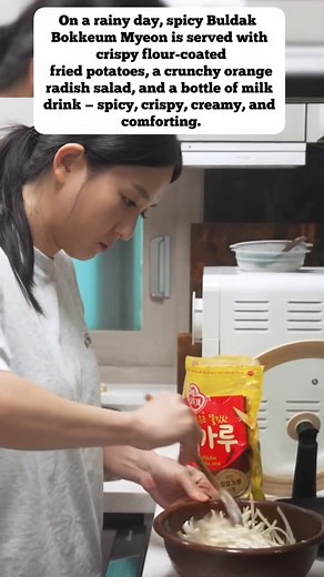 17K views · 318 reactions | On a rainy day, spicy Buldak Bokkeum Myeon is served with crispy flour-coated fried potatoes, a crunchy orange radish salad, and a bottle of milk drink — spicy, crispy, creamy, and comforting. credit by : #hamzy #hamzyfans #mukbang #asmr #koreanfood #eatingshow #cook #food #lifestyle #fblifestyle #recipe #homemeal #homemade #ramen | Hamzy Fans, mukbang ASMR | Facebook