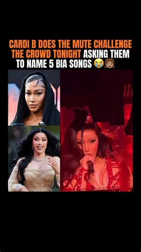 RapMarUp on Instagram: "Cardi B does the mute challenge the crowd tonight asking them to name 5 bia songs 😂😂 - - - Cardi B had the crowd going crazy tonight when she jumped into the viral “mute challenge” moment, flipping it into pure entertainment by asking fans to name five BIA songs on the spot. What started as a playful crowd interaction quickly turned into one of those unforgettable concert moments that spreads across social media in minutes. Some fans laughed, some tried their best, othe