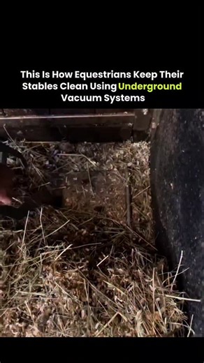 iongrids on Instagram: "The post demonstrates an advanced stable cleaning system used in high-end horse facilities, drawing attention for its efficiency and oddly satisfying design. The video captures workers sweeping bedding and waste directly into floor-level vacuum inlets built along the stable ground. Once collected, the debris is pulled through underground pipes by a powerful centralized vacuum system, moving everything away from the horses without carts, shovels, or heavy manual labor. The