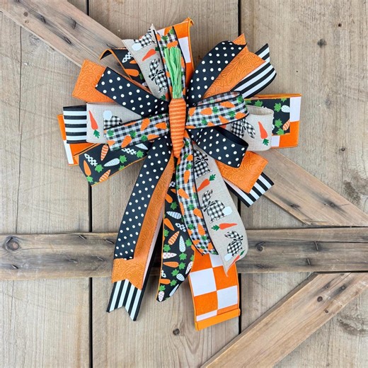 Large Carrot Easter Bow, Checkered Spring Decor, Easter Tree Topper, Orange Black and White Long Tailed Wreath Bow, Wreath Embellishment - Etsy