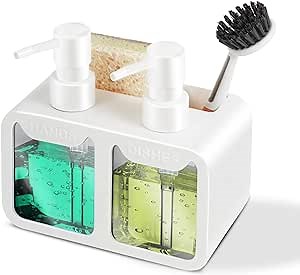 Kitchen Soap Dispenser Set, with Hand and Dish Soap, Sponge Caddy and Brush Holder 4-in-1 Kitchen Dual Soap Dispenser Set for Kitchen Sink, Bathroom - White
