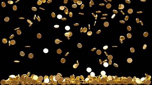 Gold coin rain. Transparent background. 3D render to use in horizontal videos.
