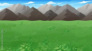 荒地の草原と山の風景動画_横スクロールゲームの背景_ループ